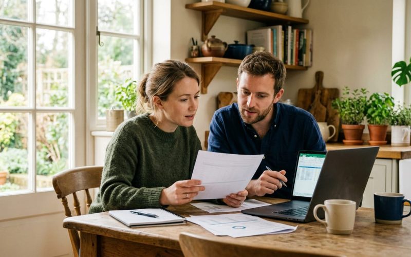 Junges paar am Küchentisch prüft Angebot zur Immobilienfinanzierung